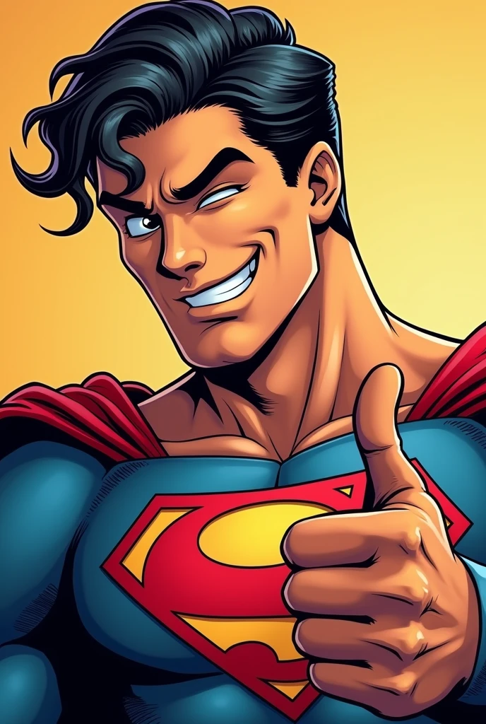 Superman stylized character, comics, Very detailed, 8k,Teeth are visible、smile、Looks like they're having fun、Thumbs up pose、One eye closed