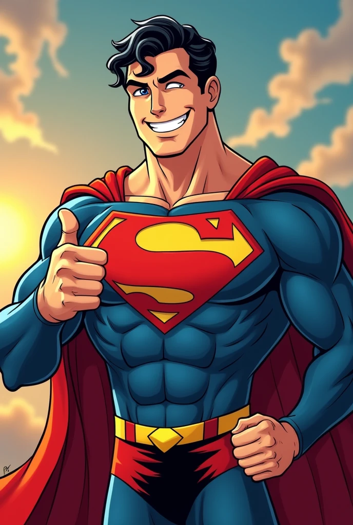 Superman stylized character, comics, Very detailed, 8k,Teeth are visible、smile、Looks like they're having fun、Thumbs up pose、One eye closed
