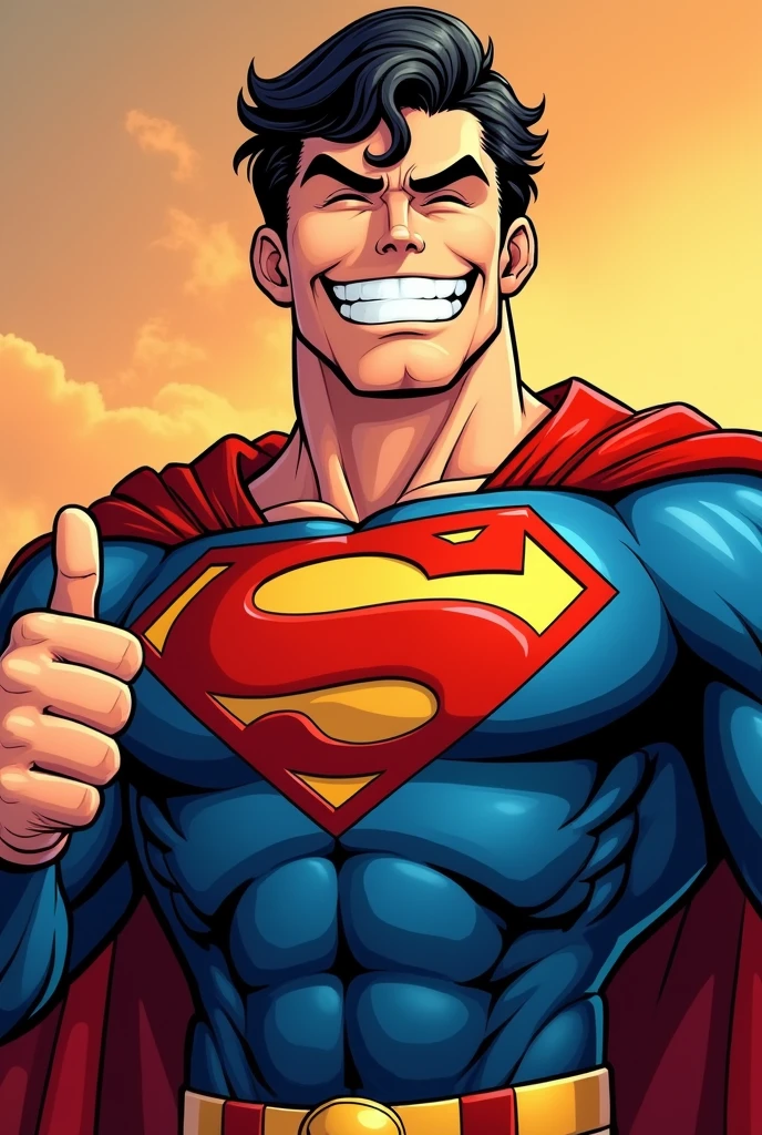 Superman stylized character, comics, Very detailed, 8k,Teeth are visible、smile、Looks like they're having fun、Thumbs up pose、One eye closed