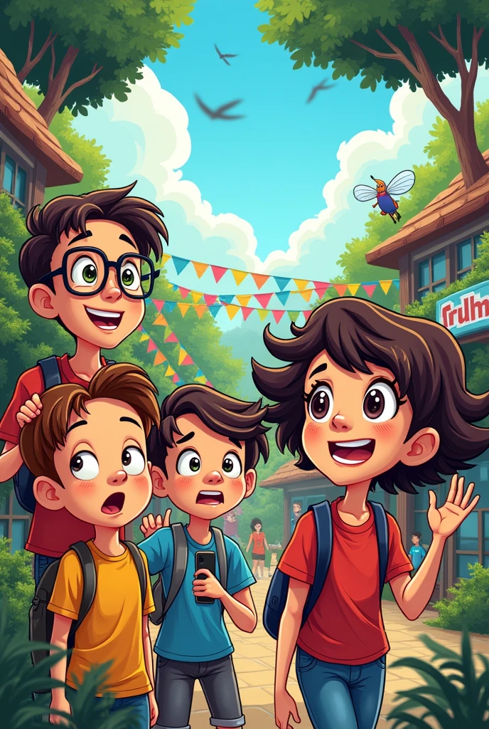 4 young people with mental retardation, 2 men 2 women at the zoo comic style