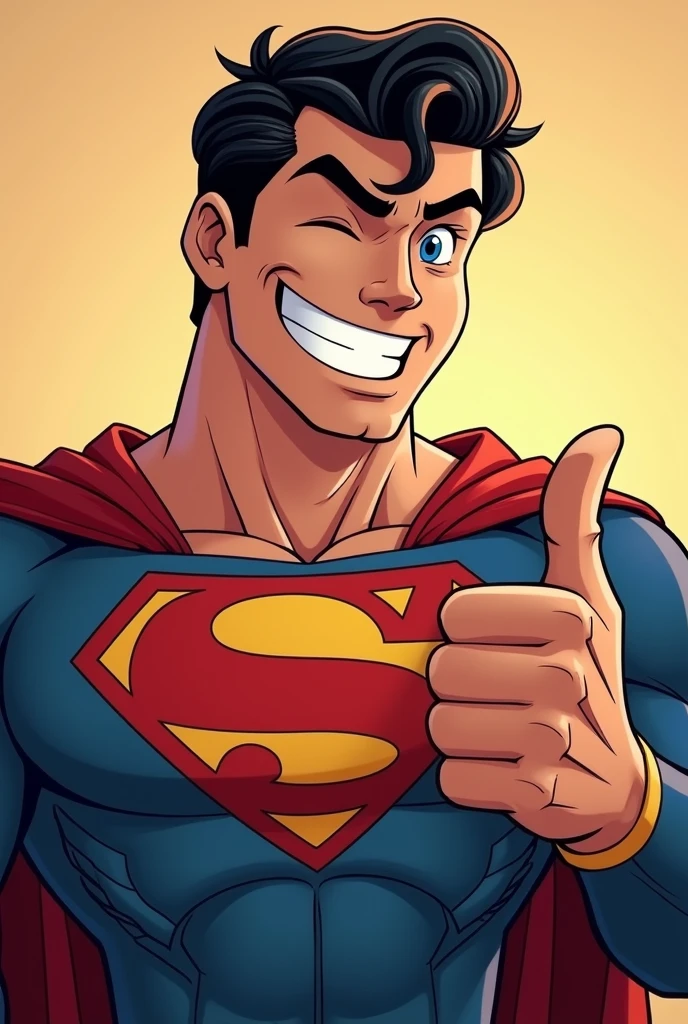 Superman stylized character, comics, Very detailed, 8k,Teeth are visible、smile、Looks like they're having fun、Thumbs up pose、One eye closed