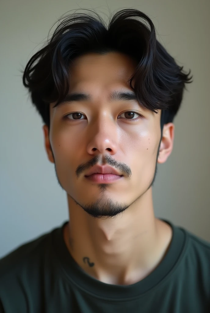28-year-old man with similar features to South Korean Jungkook. The man has tanned skin, chin-length hair and visible beard. He has a mole below his lower lip. He has tattoos on his right arm and back.. Your nose is relatively large, rounded. His eyes are black and round. The man is a biologist