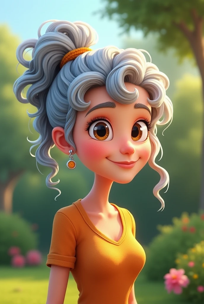 CARTOON CREATE IMAGE WITH GREY CURLY HAIR TIED BACK, FRIENDLY FACE, 62 YEARS OLD, IN A GARDEN
