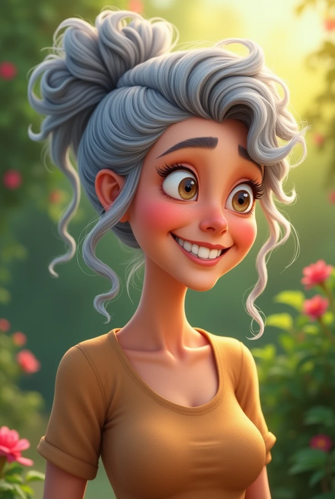  CARTOON CREATE IMAGE WITH GREY CURLY HAIR TIED BACK, FRIENDLY FACE, 62 YEARS OLD, IN A GARDEN
