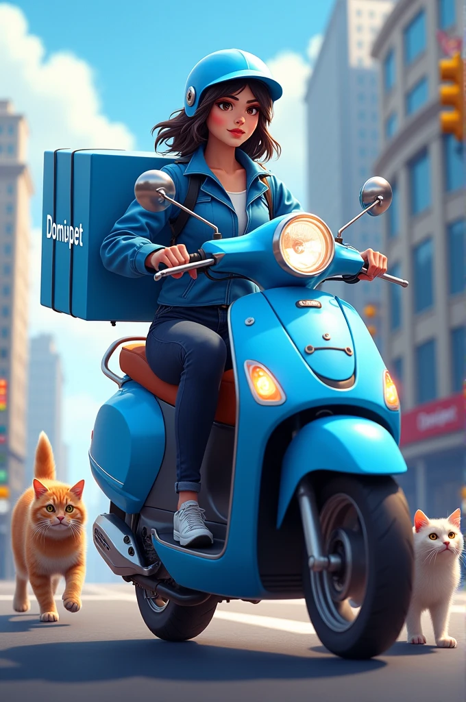 I want a female messenger, with blue motorcycle, with pets and on the motorcycle say Domipet 