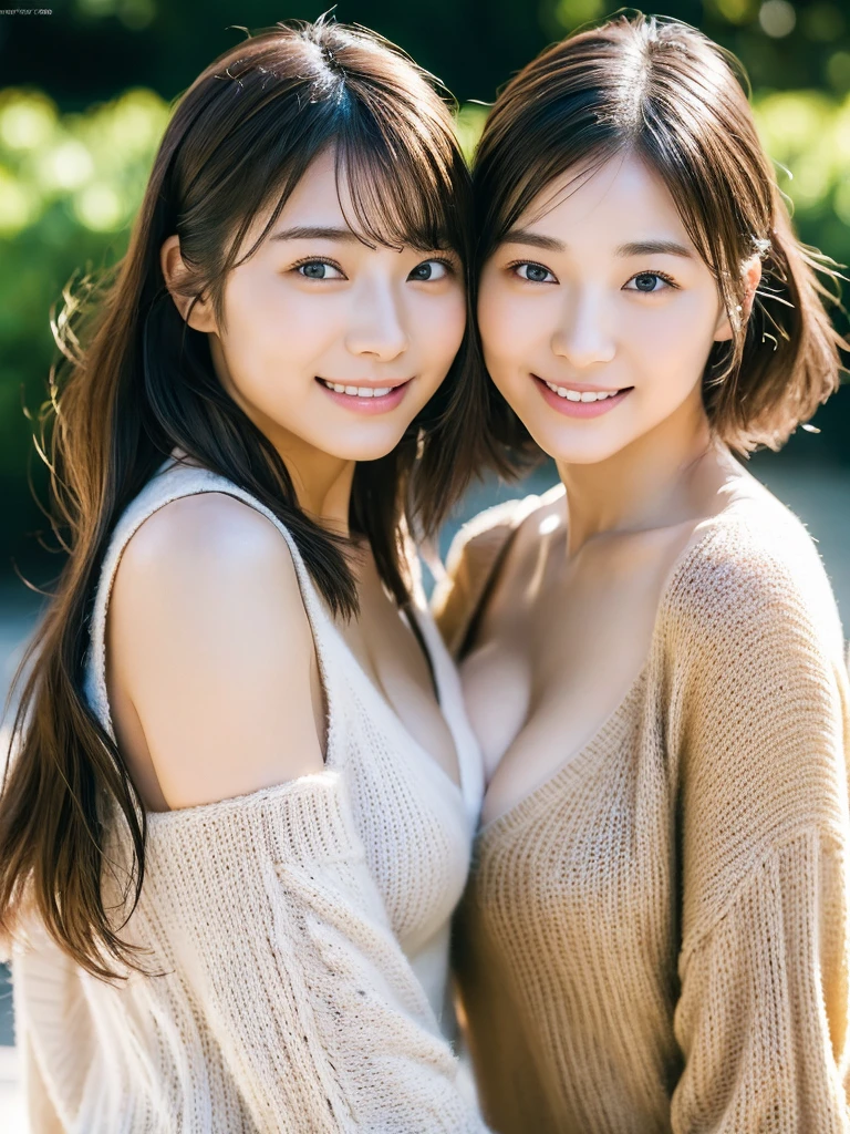 (masterpiece:1.3), (8K, Photoreal, Raw photo, best image quality: 1.4), Japanese high school girl、Similar identical twins、2 girls、(random hairstyle:1.2)、cleavage:1.2、super detail face、eye for details、double eyelid、chest to chest、sharp focus:1.2、Beautiful woman:1.4、light brown hair、highest quality、masterpiece、Super high resolution、(Photoreal:1.4)、Highly detailed and professionally lit smiles、loose and light knitwear, Two girls are touching each other's bodies, because they are very surprised that they have exactly the same face, all girls are exactly the same face