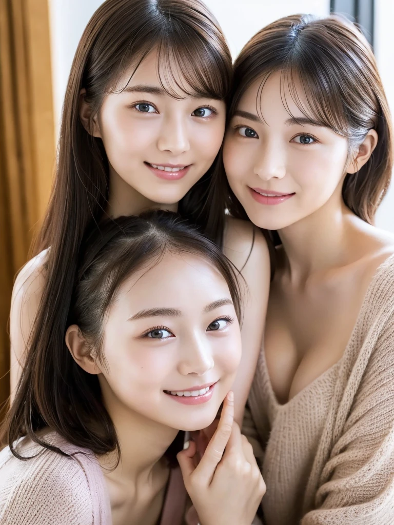 (masterpiece:1.3), (8K, Photoreal, Raw photo, best image quality: 1.4), Japanese high school girl、Similar identical twins、2 girls、(random hairstyle:1.2)、cleavage:1.2、super detail face、eye for details、double eyelid、chest to chest、sharp focus:1.2、Beautiful woman:1.4、light brown hair、highest quality、masterpiece、Super high resolution、(Photoreal:1.4)、Highly detailed and professionally lit smiles、loose and light knitwear, Two girls are touching each other's bodies, because they are very surprised that they have exactly the same face, all girls are exactly the same face