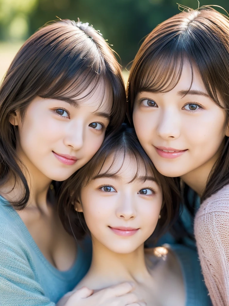 (masterpiece:1.3), (8K, Photoreal, Raw photo, best image quality: 1.4), Japanese high school girl、Similar identical twins、2 girls、(random hairstyle:1.2)、cleavage:1.2、super detail face、eye for details、double eyelid、chest to chest、sharp focus:1.2、Beautiful woman:1.4、light brown hair、highest quality、masterpiece、Super high resolution、(Photoreal:1.4)、Highly detailed and professionally lit smiles、loose and light knitwear, Two girls are touching each other's bodies, because they are very surprised that they have exactly the same face, all girls are exactly the same face