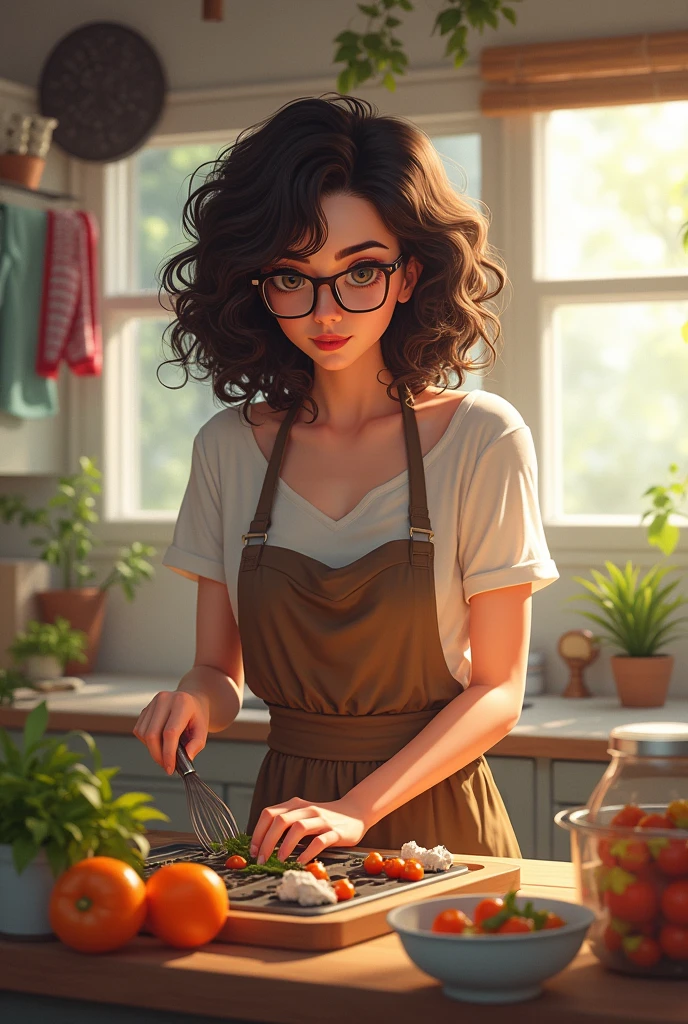 Woman with curly hair and glasses cooking