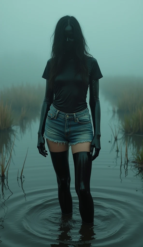 girl in (fetishistic depraved black shiny rubber stockings) and denim cut-offs and t-shirt stuck in bog, red fog, blue green fog