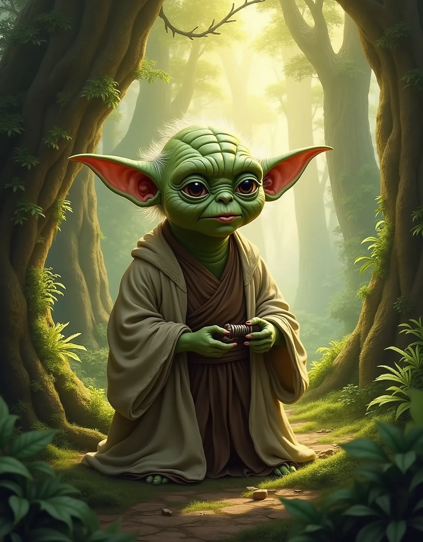 [Core Concept] A portrait depicting an orc-like creature with the physical characteristics and wisdom of the legendary Jedi Master Yoda, set within a lush, verdant forest environment.

[Character Description] The orc-Yoda hybrid has a weathered, green-tinted skin tone, pointed ears, and a diminutive stature. Its wrinkled face exhibits a serene, contemplative expression, with large, piercing eyes that convey an aura of ancient knowledge and mystical insight.

[Environment/Background] The creature is situated amidst a dense, primeval forest, with towering trees, ferns, and mossy undergrowth surrounding it. Shafts of warm, golden sunlight filter through the canopy, creating a peaceful, almost ethereal ambiance.

[Style and Atmosphere] The portrait has a painterly, fantasy-inspired aesthetic, with a focus on the interplay of light, shadow, and texture to create a sense of depth and atmosphere. The overall mood is one of tranquility, wisdom, and a blending of the primal and the mystical.

[Composition] The orc-Yoda figure is centered within the frame, occupying a prominent position and commanding the viewer's attention. The forest environment serves as a rich, naturalistic backdrop, framing the creature and emphasizing its connection to the natural world.

[Details and Embellishments] Subtle details, such as the intricate patterns of the creature's skin, the gnarled texture of the tree trunks, and the delicate play of light and shadow, add depth and visual interest to the scene.

[Technical Specifications] The image is a high-resolution, digitally rendered portrait, with a focus on realistic lighting, textures, and color harmonies to create a sense of depth and immersion.