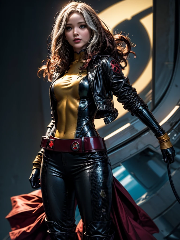 Jennifer Lawrence、masterpiece、High quality 4K、villain (X-Men)、Gothic Girl、Sculpted Body Gothic Makeup、Black jacket、Red and blue bodysuit、masterpiece、Highest quality、Cowboy Shots、One personの女の子、One person、Technology Military Bodysuit、fringe