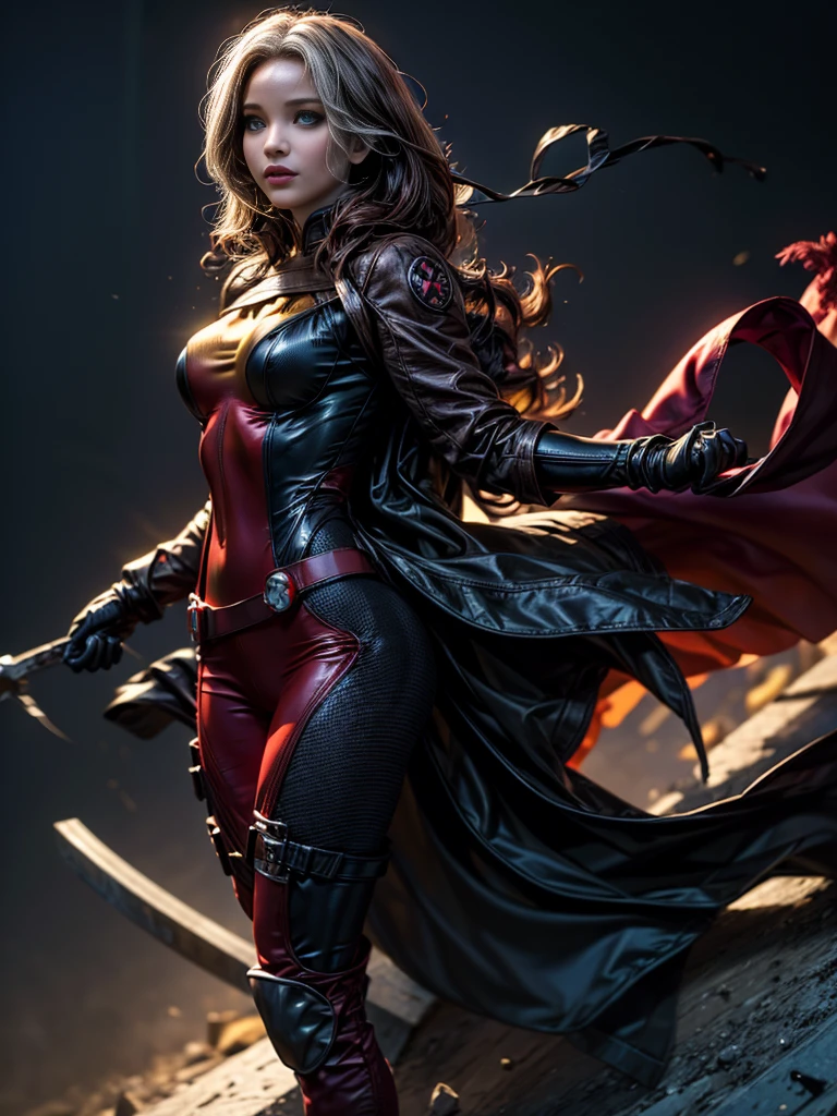 Jennifer Lawrence、masterpiece、High quality 4K、villain (X-Men)、Gothic Girl、Sculpted Body Gothic Makeup、Black jacket、Red and blue bodysuit、masterpiece、Highest quality、Cowboy Shots、One personの女の子、One person、Technology Military Bodysuit、fringe