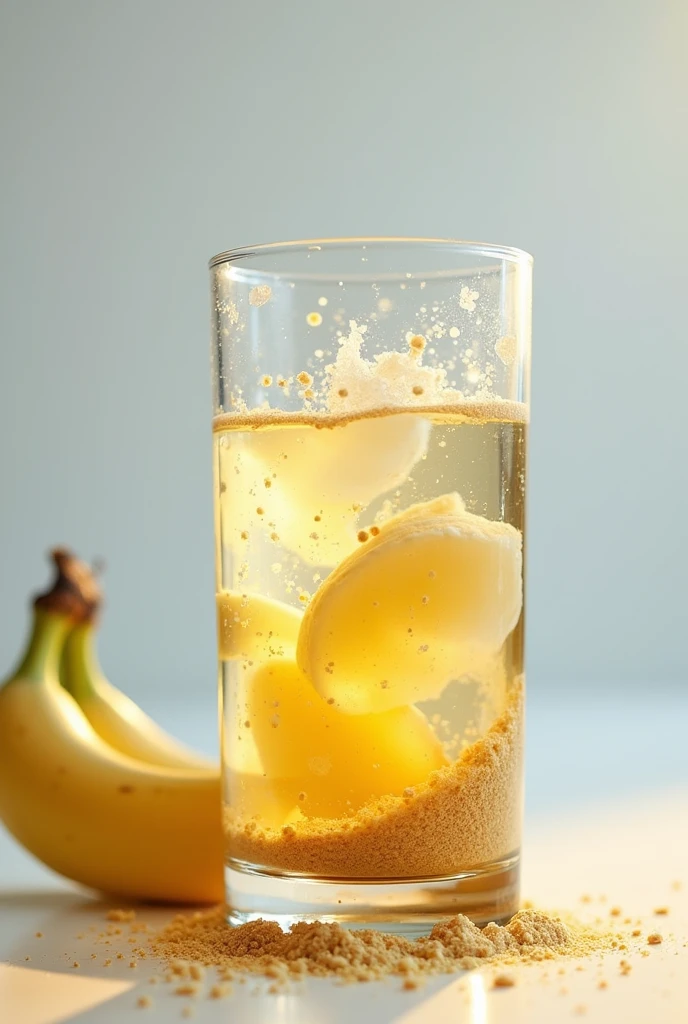 Create an image of a glass with a mixture of banana and water but that is a little transparent. The mixture could be ground or crushed.