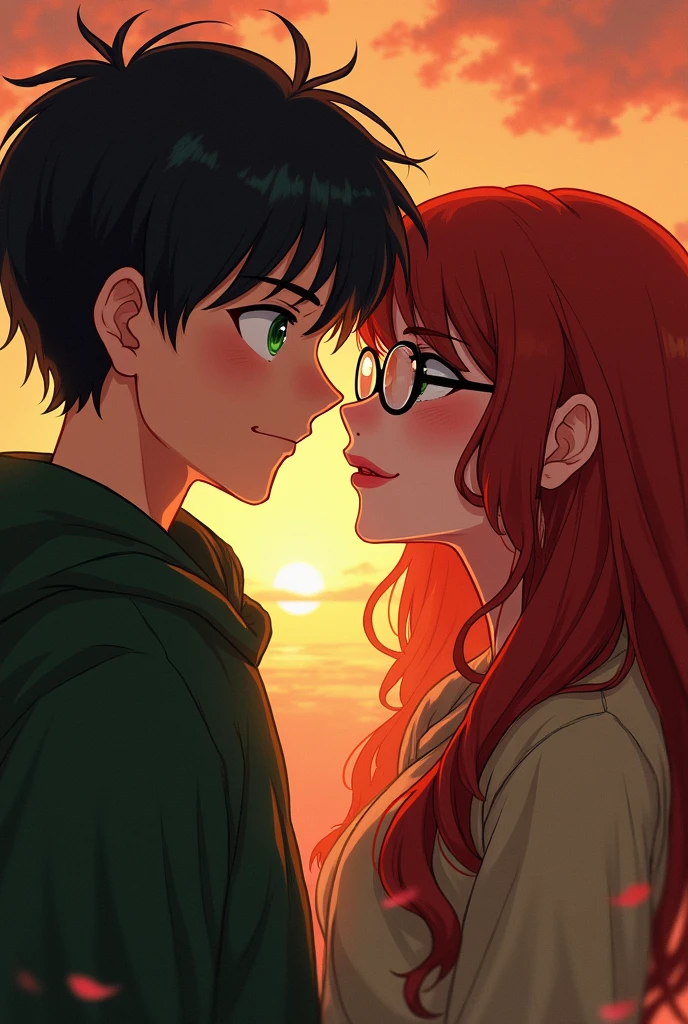 love triangle between dark-haired twins with green eyes and a red-haired girl with glasses