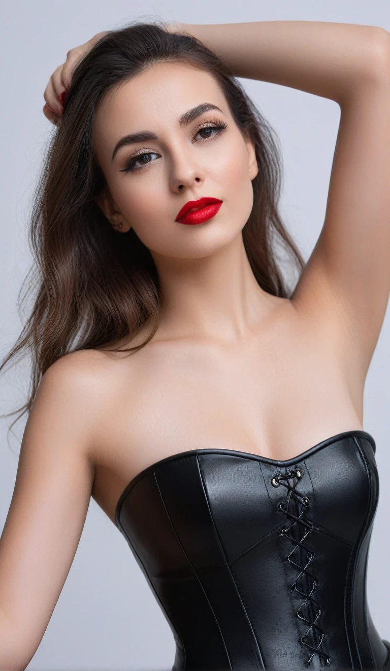 (best quality,4k,8k,highres,masterpiece:1.2),ultra-detailed,(realistic,photorealistic,photo-realistic:1.37),beautiful eyes,beautiful lips,detailed face,red lipstick,gorgeous woman, sexy black leather dress, sexy elegant fashion model, sexy elegant look,long eyelashes,confident expression,flawless skin,posing gracefully sexy,head to stomach shot, black leather strapless mini corset,bare stomach,sexy naked medium Breasts,flowing fabric,soft and silky material,graceful movement,vibrant colors,artistic lighting,studio photo shoot, dreamy atmosphere