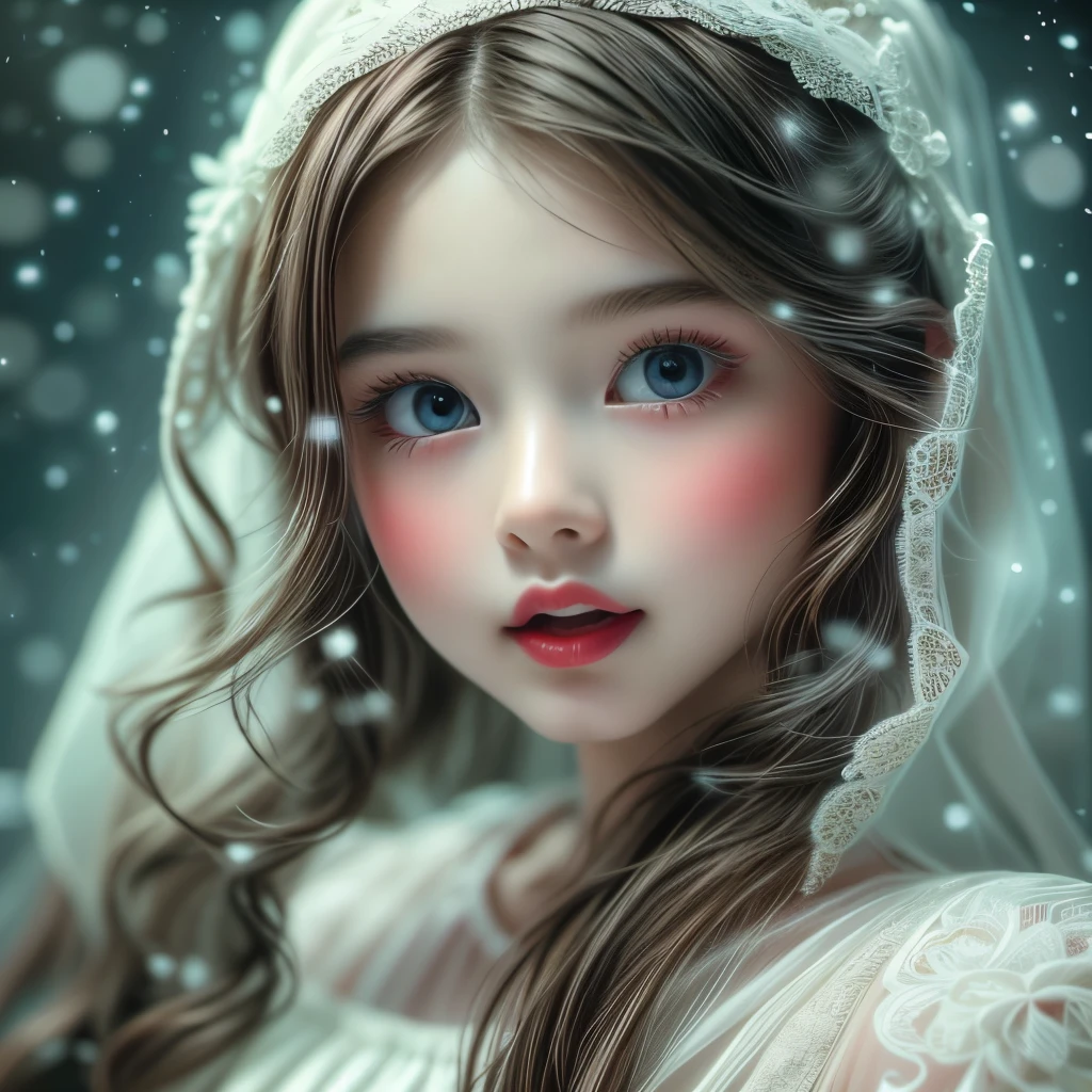 [Seet Red Lip] in White,(extremely delicate and beautiful Girl:1.2), complex details, enlarged textures, complex details, finely detailed eyes and detailed face, intricate details, (Dynamic LifeLike Rendering), perfect eyes, Reflective eyes With Sparkling Highlights, perfect body, extremely detailed, (Child), extremely realistic (TopQuality Masterpiece 8K UltraDetailed (ProfessionalPHOTO:1.37))(Acutance:0.8), Snow Particles, 