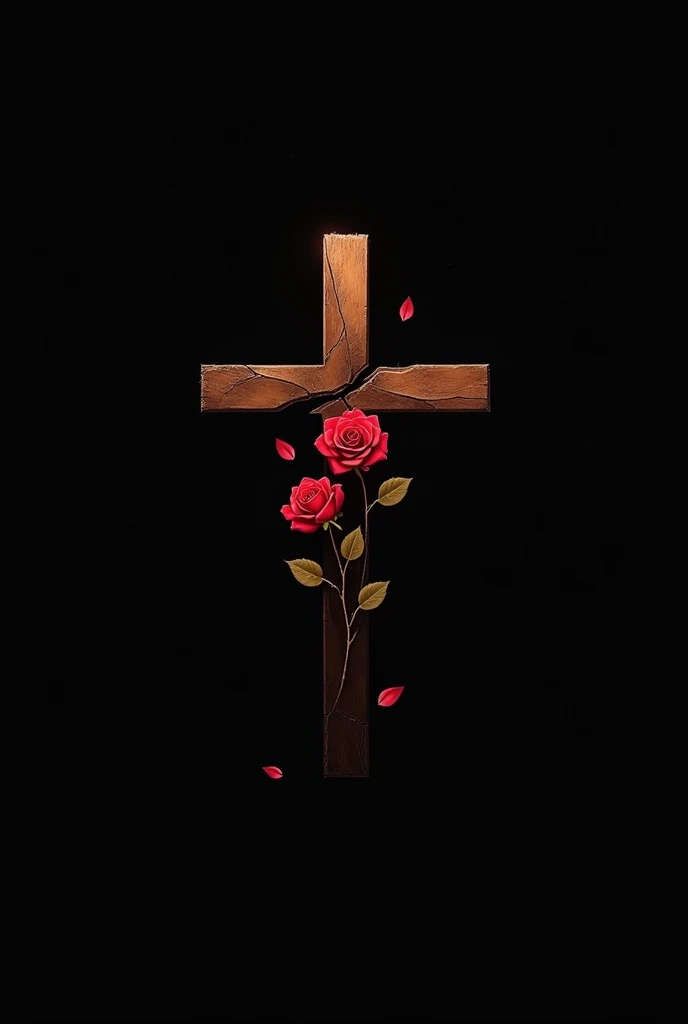 A black background, with a brown crack in the shape of a cross with red roses coming out of the middle in a minimalist logo style