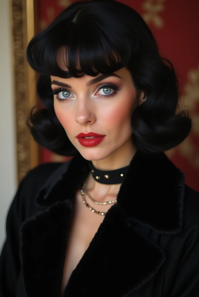 (detailed), visage parfait, photo réaliste de beaux yeux fermés Bettie Page,25 ans, blue eye, , corps parfait, model looking, photo réaliste d'one person woman, Golden, black hair color, perfect detailed hands, perfect detailed fingers, ((best quality)), ((head of'artwork)) (ssmile:1.2) light blue eye, incredible blue eye, detailed, photographe_\( ultra\), .(( elle est allongée sur un lit ???? )Her black hair is styled in'un élégant chignon typique de l'era.,. (( she is the queen of sex and can't live without doing it'amour)) he wears a beautiful big black fabric coat , elle fait l'amour par derrière, la photo est d'up