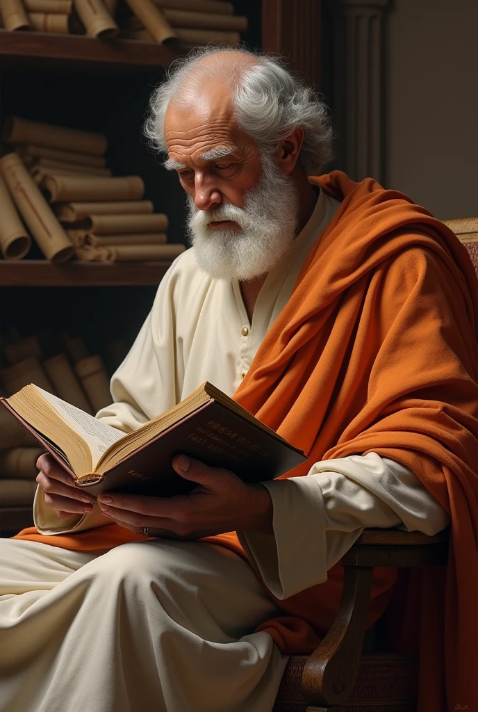 Create an image of Plato sitting and reading a book