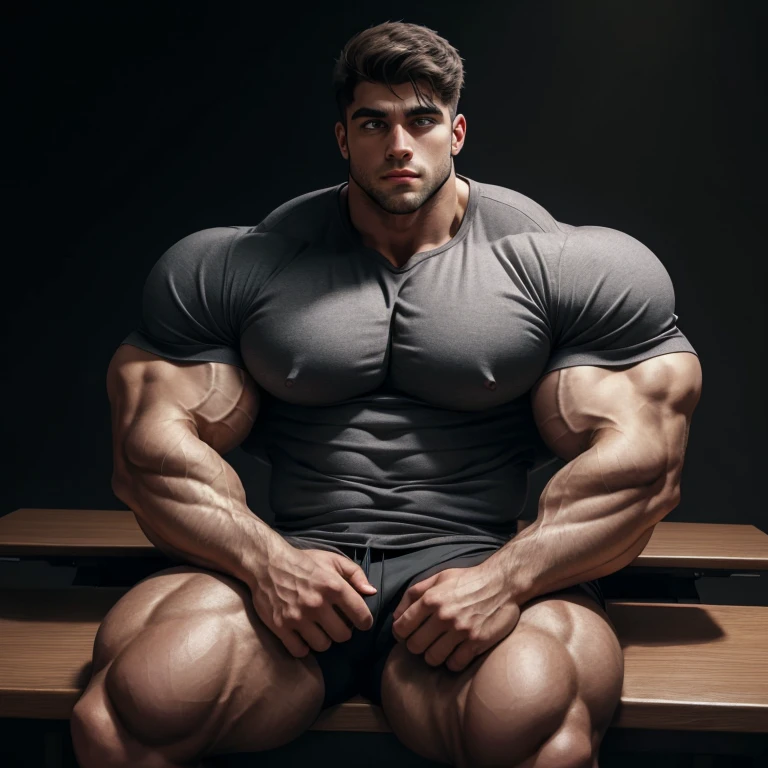 a very handsome young man, big eyes, wearing a gray shirt, exaggeratedly muscular, exaggeratedly huge muscles, with a massively large bulge, exaggeratedly huge bulge, sitting in front of an interrogation table, on a black background