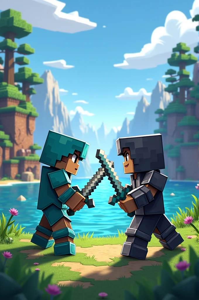 Minecraft character with diamond armor holding diamond sword doing PVP with another Minecraft character with iron armor holding iron sword on an island