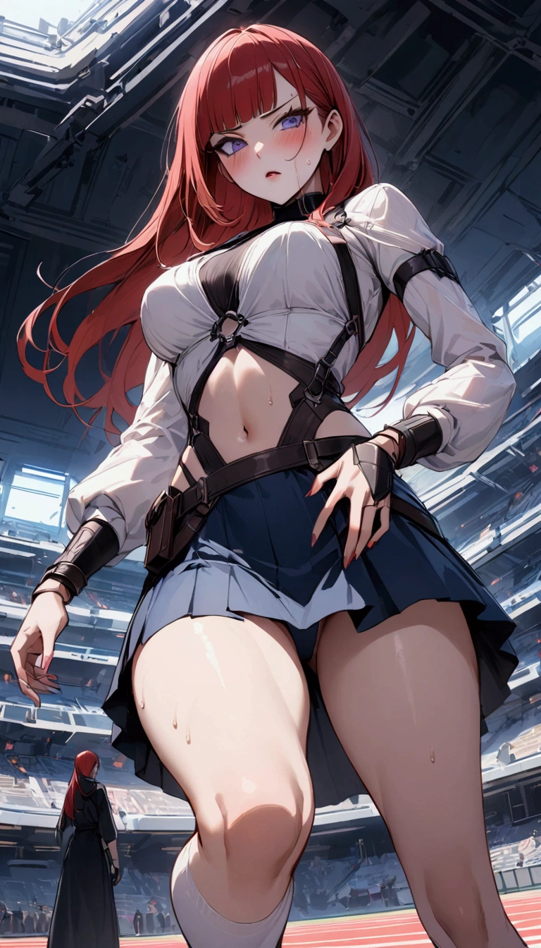 {{cardfight:1.6}},{{hold down one's stomach with one's hands:1.6}},{{{Cyberpunk style}},from below,dutch angle,{{masterpiece}}, {{{Highest quality}}},{{Very detailed}},{{Female futuristic card duelist with model body}},{{standing on one knee:1.6}}{{knee up:1.6}},{{Model-like body type:1.6}},{{Cyberpunk style card duelist}},{{critical situation:1.6}},{{cardfighting stance:1.6}},Beautiful thighs,1girl,30years old,{ Woman}},{{Very slender legs:1.4}},skinny,Very thin legs,White high socks,{{Blue mini skirt:1.2}},White long-sleeved blouse,BLUE fingerless gloves,holster,{{Grit your teeth:1.4}},,{{v-shaped eyebrows}},Bad mood,blush,Sweat,raise one's eyebrows ,{{}}、straight hair,{long red hair }},blunt bangs.abdominal pain ,{{pain}}, ,Inside the stadium