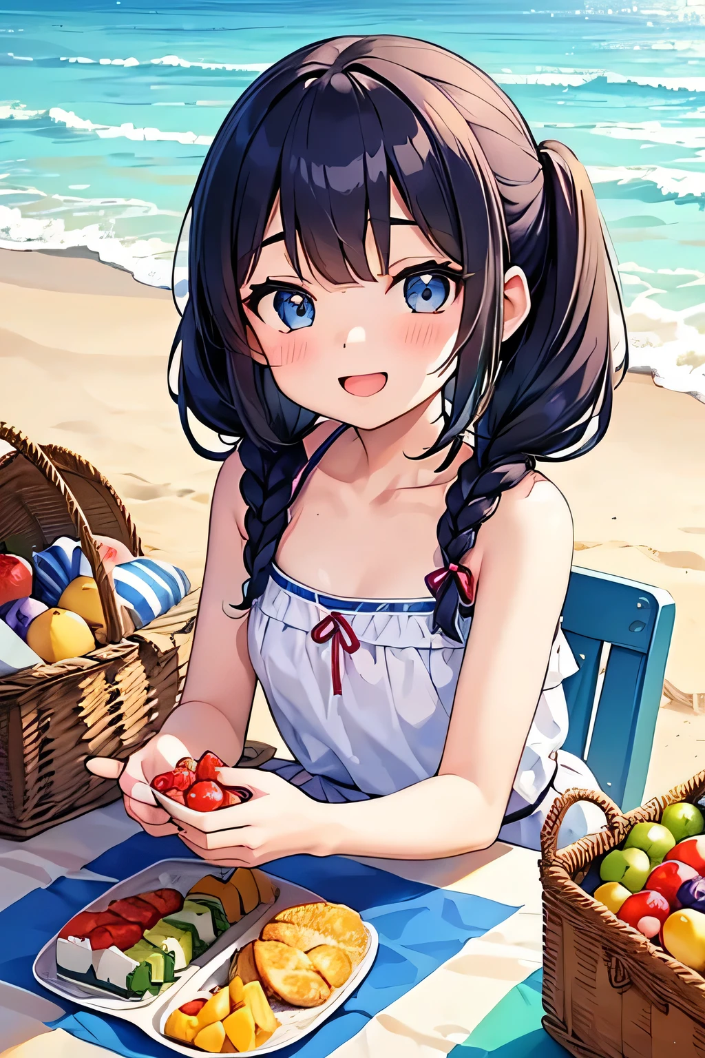 Highest quality、High resolution、Detailed Background、(Beautiful face in every detail:1.4)、Anatomically correct、(Normal number of fingers:1.2)、(Detailed facial expressions)、Detailed eyes、age beauty、Highly detailed face、Light color hair、Braided twin tails、Braided Ponytail、well-groomed eyebrows、A fun atmosphere、A big smile、smile、Full of energy、Under the clear blue sky、A beautiful coastline with white sand、cute gesture、
(Three beautiful girls having a fun beach picnic:1.5)、
They gather on the beach in colorful swimsuits.、
We all divided up the work and spread out the lunch boxes, fruit, drinks, etc. that we had taken out of the big basket.、
They spread out picnic mats and enjoyed a delicious meal while chatting in a lively atmosphere.、
Sing along to the sound of the waves and play with a ball、After having a good time together, everyone seems to be relaxing.、The sight of them relaxing on the sand makes you feel like it's summer.、A picture-like moment from the girls' happy memories、cute