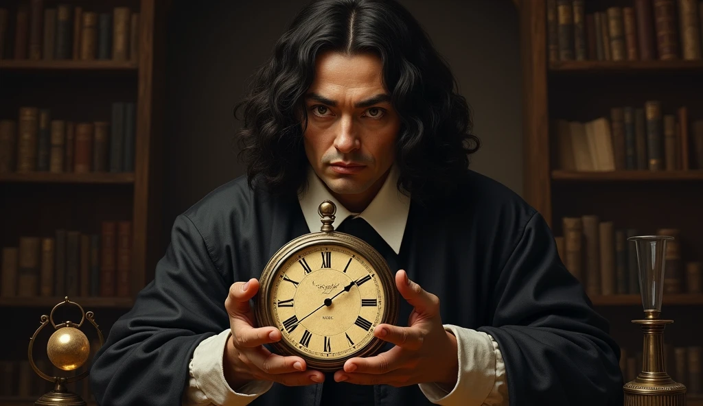 Renê Descartes holding a clock