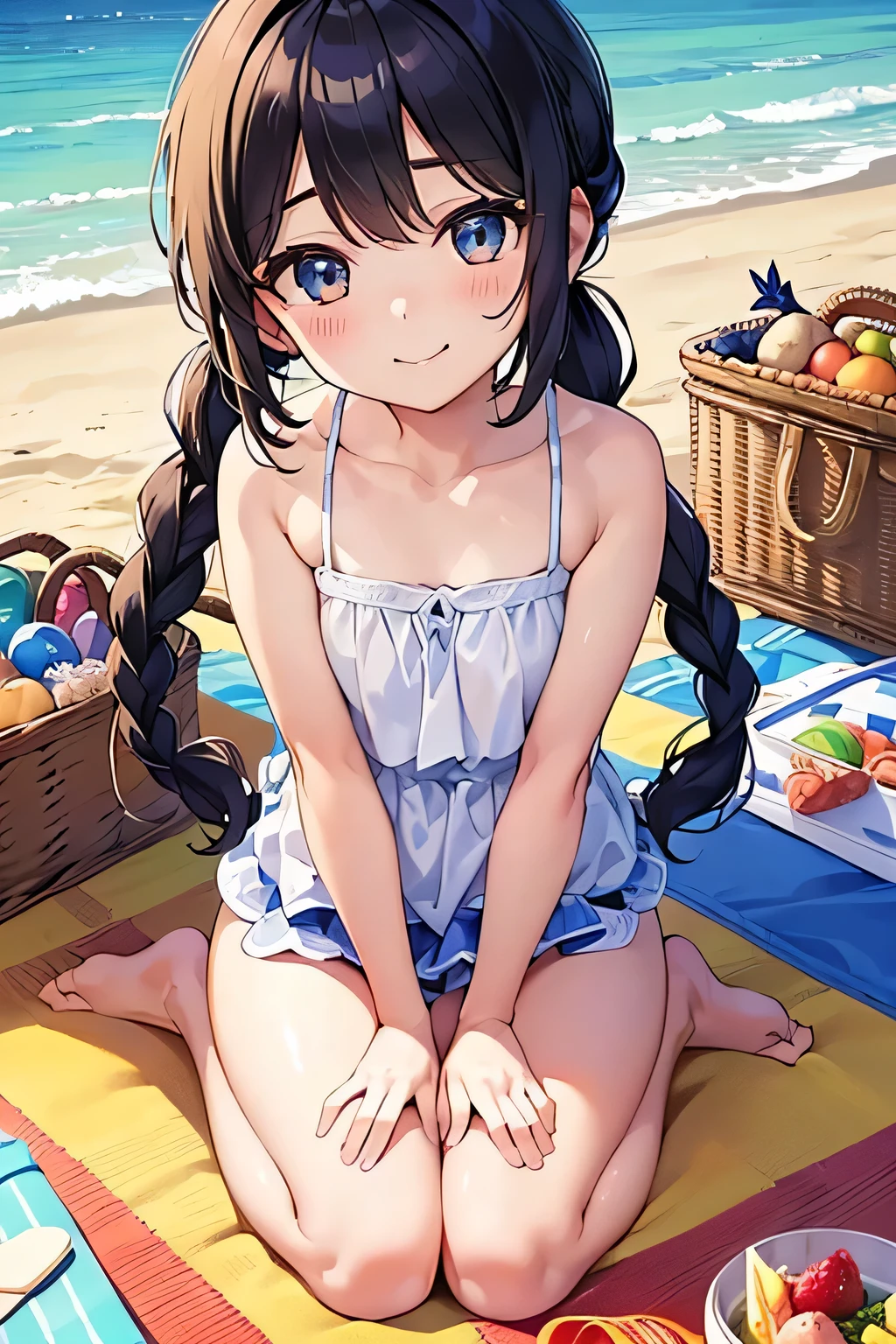 Highest quality、High resolution、Detailed Background、(Beautiful face in every detail:1.4)、Anatomically correct、(Normal number of fingers:1.2)、(Detailed facial expressions)、Detailed eyes、age beauty、Highly detailed face、Light color hair、Braided twin tails、Braided Ponytail、well-groomed eyebrows、A fun atmosphere、A big smile、smile、Full of energy、Under the clear blue sky、A beautiful coastline with white sand、cute gesture、
(Three beautiful girls having a fun beach picnic:1.5)、
They gather on the beach in colorful swimsuits.、
We all divided up the work and spread out the lunch boxes, fruit, drinks, etc. that we had taken out of the big basket.、
They spread out picnic mats and enjoyed a delicious meal while chatting in a lively atmosphere.、
Sing along to the sound of the waves and play with a ball、After having a good time together, everyone seems to be relaxing.、The sight of them relaxing on the sand makes you feel like it's summer.、A picture-like moment from the girls' happy memories、cute