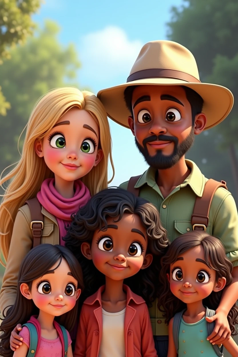 Pixar style cover of a family ready for a great adventure, perfect for the cover of a Pixar style story. **The mother**, with a pink scarf and medium-straight blonde hair, with tanned dark skin **the father**, with a safari-type hat, green eyes, and features of a slightly elderly person, has no hair is bald **The eldest daughter** a, with her long dark brown curly hair, 19 years old, **The middle daughter**, her hair is very long wavy, dark skin color, 16 years old **The youngest daughter **, completely straight hair is a .