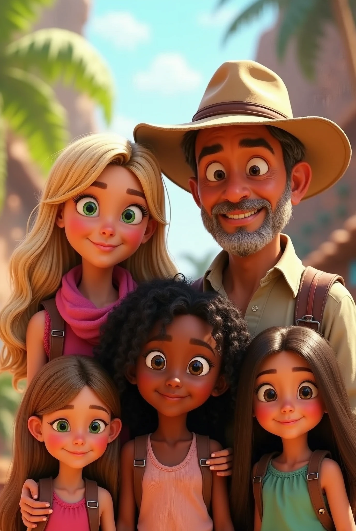 
Pixar style cover of a family ready for a great adventure, perfect for the cover of a Pixar style story. **The mother**, with a pink scarf and medium-straight blonde hair, with tanned dark skin **the father**, with a safari hat, green eyes, and features of a slightly older person. **The eldest daughter** a, with her long dark brown curly hair, skin color, light brunette, 19 years old, **The middle daughter**, her hair is very long wavy, dark skin color, 16 years old **The youngest daughter**, completely straight hair and she is 10 years old .