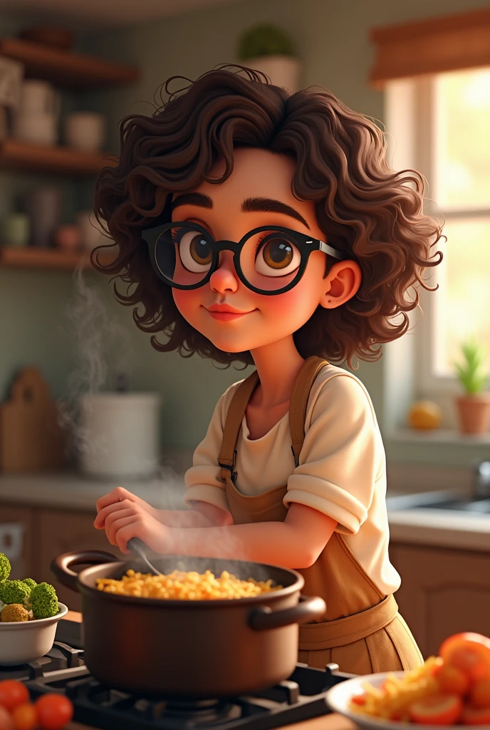 Woman with curly hair and glasses cooking