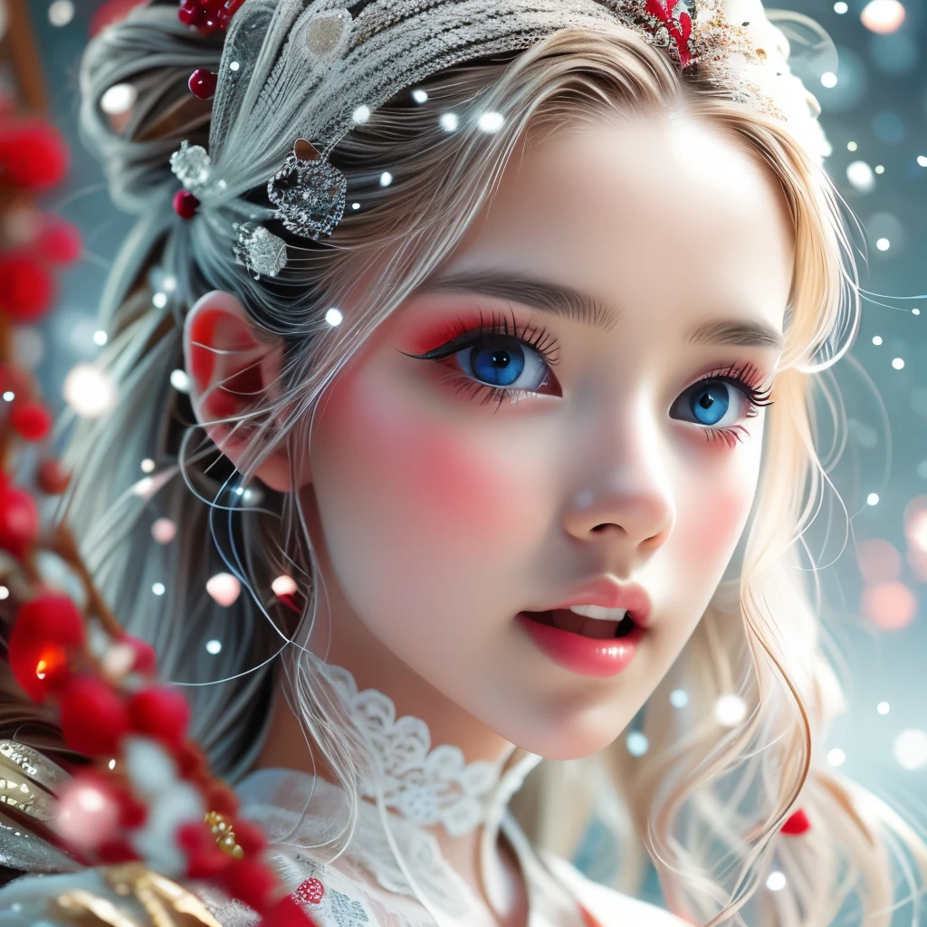 [Glossy Red Lip with Beautiful Details] in White,(extremely delicate and beautiful Girl:1.2), complex details, enlarged textures, complex details, finely detailed eyes and detailed face, intricate details, (Dynamic LifeLike Rendering), perfect eyes, Reflective eyes With (Sparkling Highlights:1.28), perfect body, extremely detailed, (Sweet Child), extremely realistic (TopQuality Masterpiece 8K UltraDetailed (ProfessionalPHOTO:1.37))(Acutance:0.8), Snow Particles, 