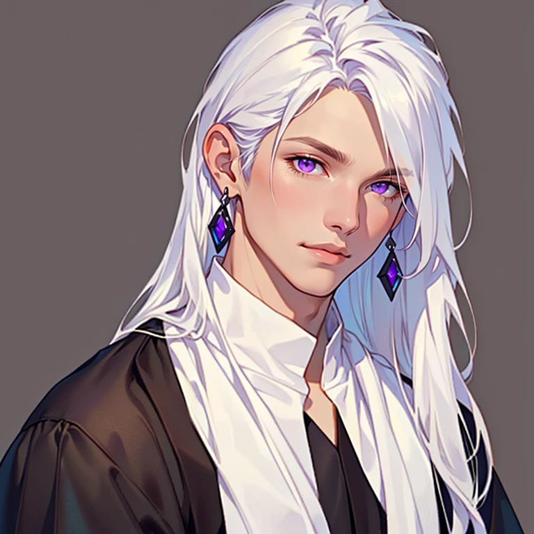 ((masterpiece)), (((best quality))), solo, 1 male, beautiful prince, portrait, pale white skin, white hair, long hair, straight hair, purple eyes, handsome young man, realistic medieval clothes, simple earrings, highest quality, highly detailed, original, high resolution CG Unit 8k wallpaper, (best quality, artwork, masterpiece, 4k)