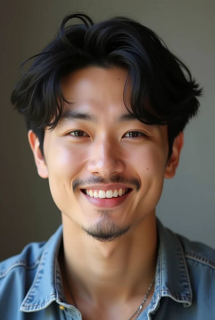 28-year-old man with similar features to South Korean Jungkook. The man has tanned skin, Round face, chin-length hair and visible beard. He has a mole below his lower lip. He has tattoos on his right arm and back.. Your nose is relatively large, rounded. His eyes are black and round. The man is a smiling biologist.