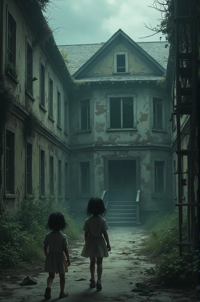 An old building with large windows, partly covered with shabby cloth. inside, dark corridor with the shadows of children faintly visible in the distance.