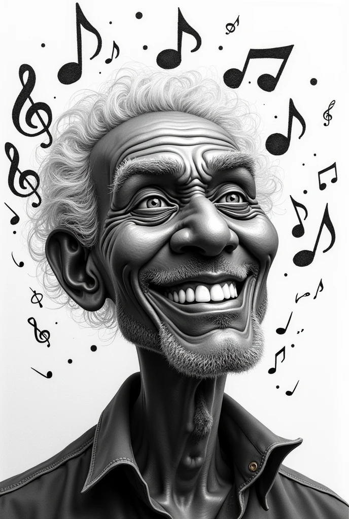 Black and white draw of an old black jazzman smilling with music around his head