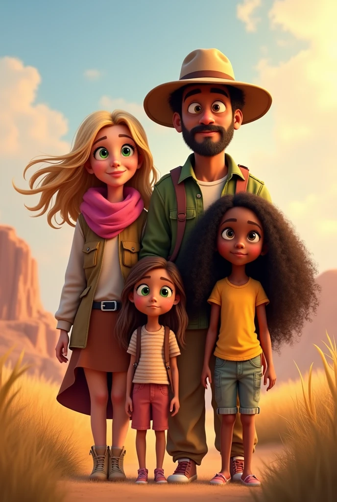Pixar style cover of a family ready for a great adventure, perfect for the cover of a Pixar style story. The mother, with a pink scarf and medium-straight blonde hair, with tanned dark skin the father, with a safari hat, green eyes, and features of a slightly older person. The eldest daughter a, with her long dark brown curly hair, 19 years old, The middle daughter, her hair is very long wavy, dark skin color, The youngest daughter, completely straight hair and she is 10 years old .