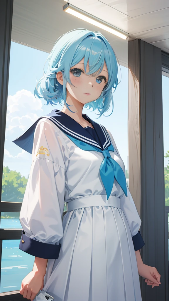 (8k, RAW Photos, Highest quality, 非常に精細なCG Unity 8k壁紙, masterpiece: 1.2), girl, Beautiful light blue hair, Floating in the sky, Cloud girl, cloud, (close: 1.1), bright, Happy, fun, Soft lighting, (Bauhaus, shape, line, Abstracted: 1.1) Cornflower, 細かい目を持つ小さくて美しいgirl, Beautiful light blue hair, Upper Body, The depth of field in the photo was perfect, andレンズフレアは素敵なタッチを追加しました. The finer details of his face really stood out., and、This photo definitely scored above 10.. background, cloudがありました, Amazing photo，本当にgirlの美しさとcloudを捉えました. , Accurate depiction of the iris, Look at the audience affectionately，Like a gentle goddess,Sailor suit