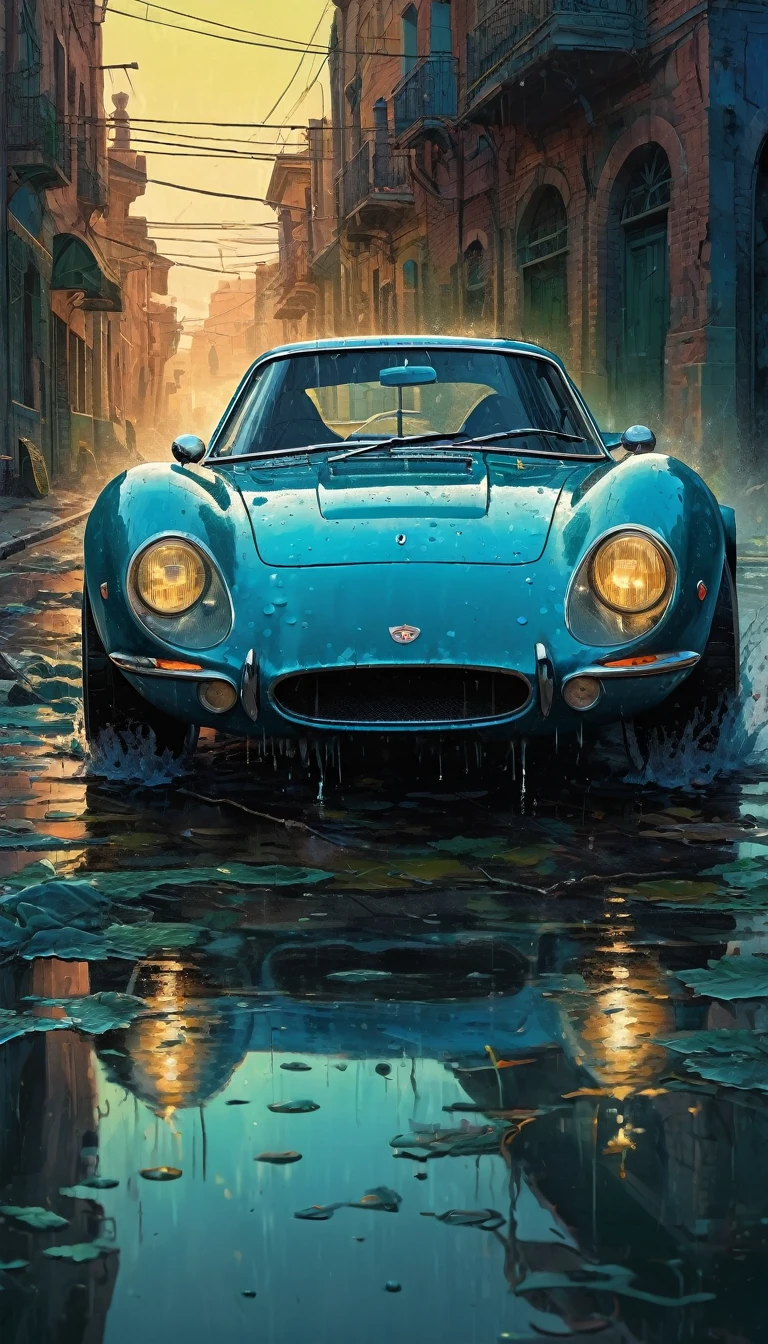 A blue race car in the style of sam spratt, historical vintage car, old masters, genndy tartakovsky, soggy, masaccio, a 1990s poster style with dark green and blue details, colorful with vibrant colors, (low-light, breathtaking panoramic:1.3)