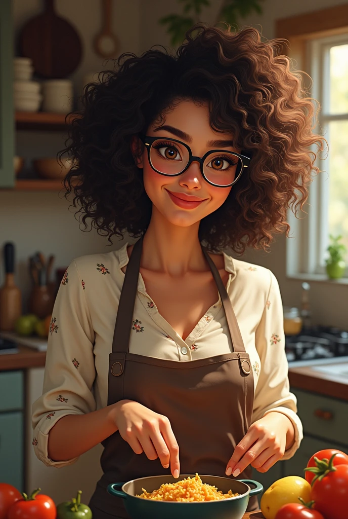 Woman with curly hair and glasses cooking
