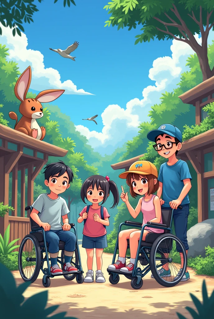 4 young people with cerebral palsy, 2 men 2 women at the zoo anime style