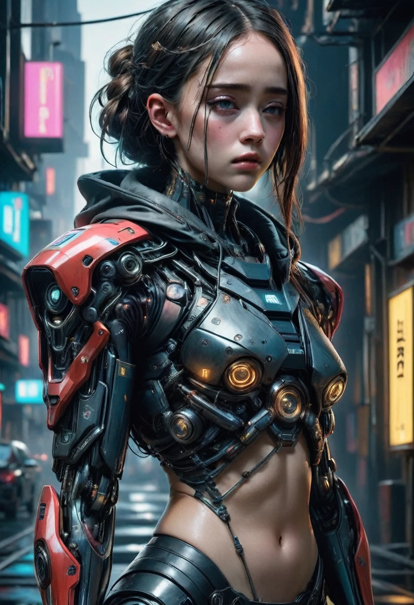 a closeup of a woman (((Alycia Jasmin Debnam-Carey))) naked with a tattoo on her arm, A black line painted across his eyes like in The 100. , cyberpunk beautiful girl, beautiful cyberpunk girl face, cyberpunk dreamy girl, Ultra-realistic 8K cyberpunk art, cyberpunk 2 0 years. o model girl, beautiful cyberpunk woman model, The portrait of the cyberpunk girl, Highly detailed 4K digital art, beautiful digital artwork, Cyborg Cyberpunk. rosa, 4k realistic digital art, She is crying, her expression is sad and melancholic.