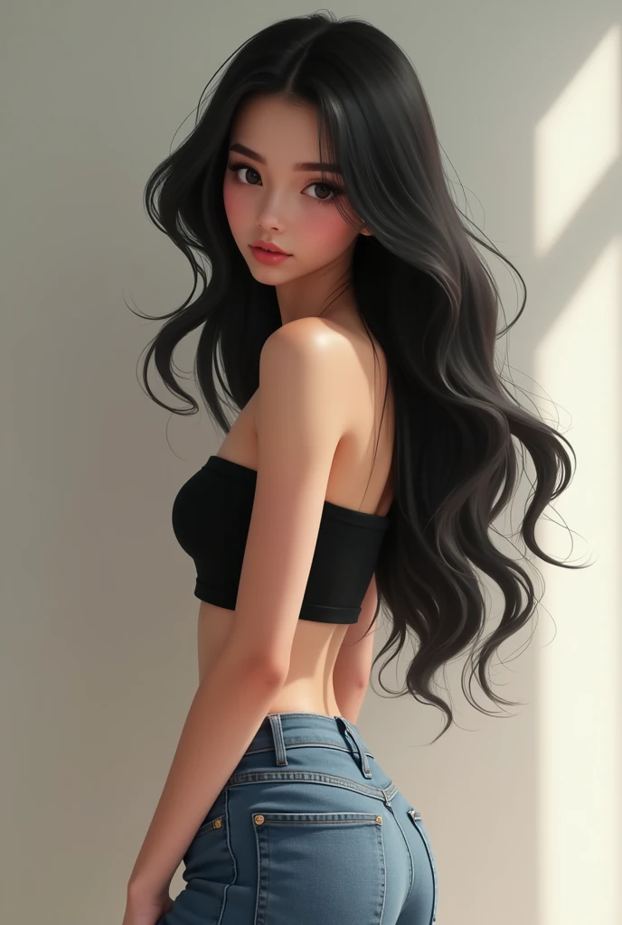 Magnificent thin 14 years old girl with black hair wearing a tube crop top and low jeans