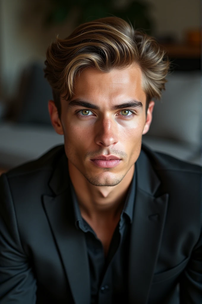 homme de 23 ans, beau, Aaron Paul (coupe de cheveux blonde foncée, bonne mâchoire, De grands yeux sombres, bien construit, ajuster,) selfie assis sur le canapé