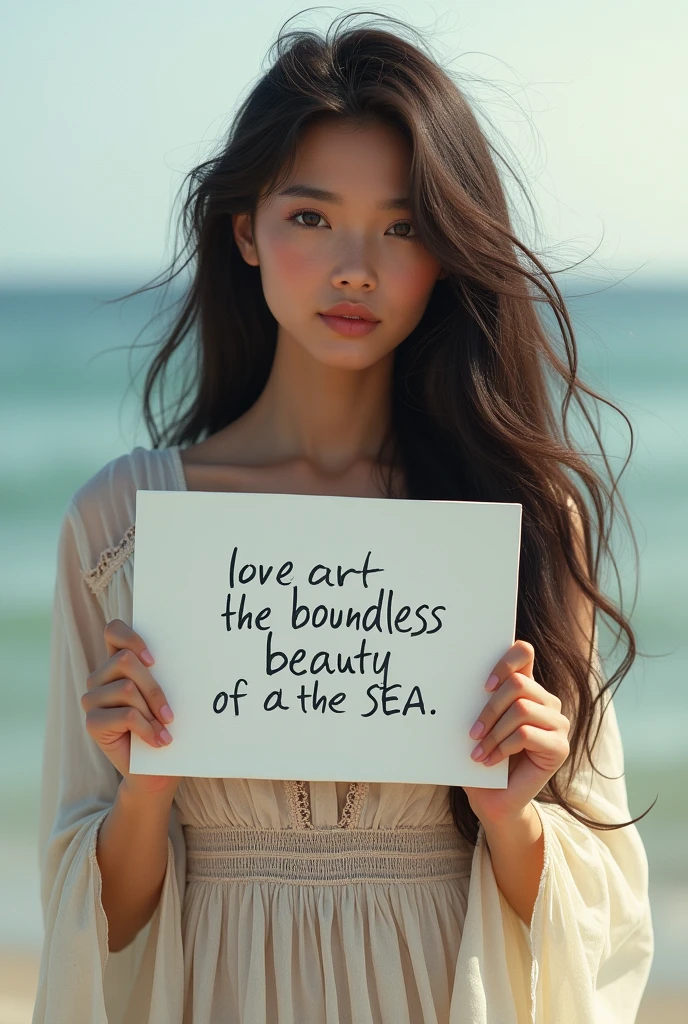 Beautiful girl with wavy long hair, bohemian dress, holding a white board with text "I Love Seaart Infinity" and showing it to the viewer