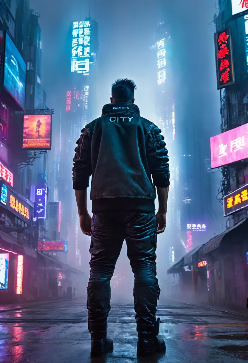 masterpiece, best quality, 1man, alone in the middle of city, background is a cyberpunk city, head looking up, there is a big billboard, cinematic lighting, conematic, the city is empty, foggy
