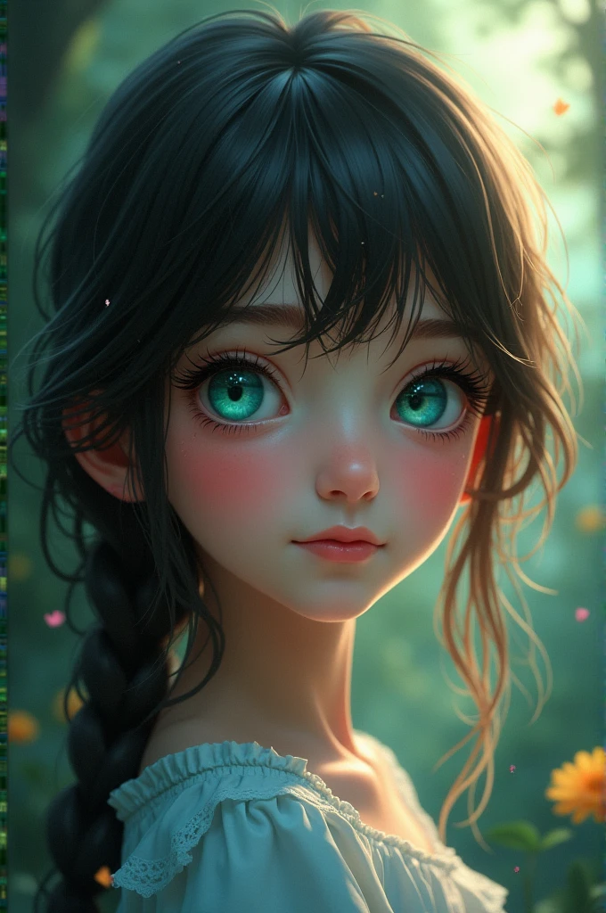 A ywairl Dark brown hair woth cyan eyes