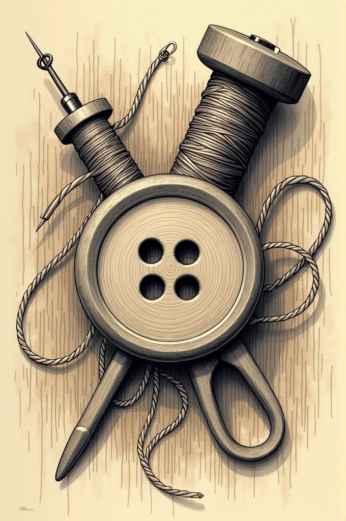 Drawing with a centered button, a needle with thread and a spool, in the WOODCUT style